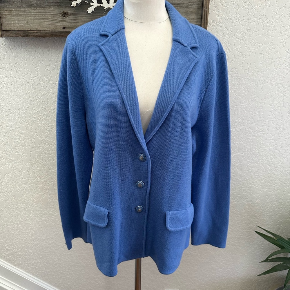 Talbots Blue Women's Pure Merino Wool sweater knit Blazer Jacket size XL